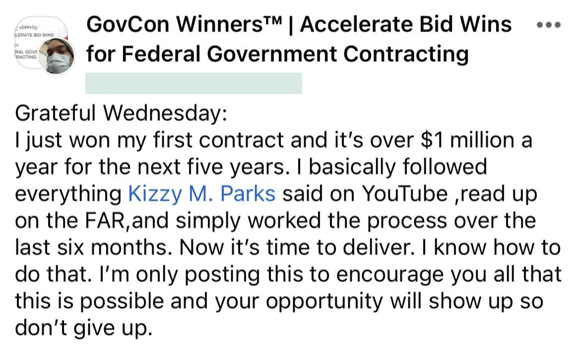 A text message that says gov winners accelerate bids for federal government contracting.