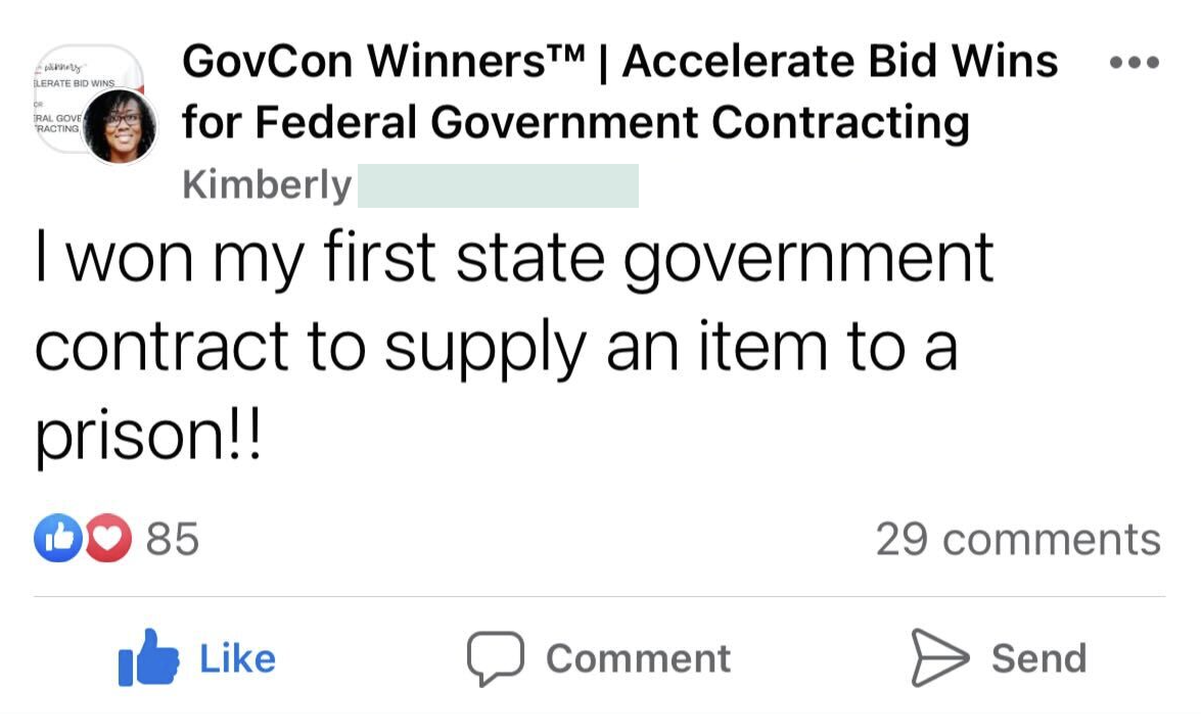 A facebook message that says i won my first state government contract.